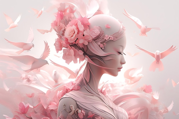 a girl anime with flowers in her hair celebrating world breast cancer awareness