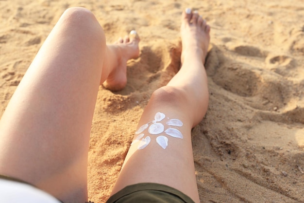 Girl applying sunscreen on her legs Skincare Body Sun protection