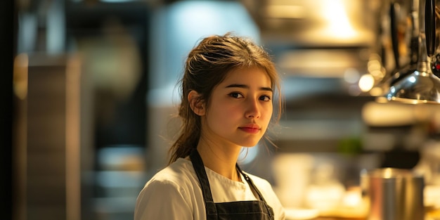 Photo a girl in an apron stands in front of a counter with other people