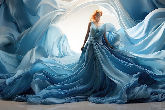 Girl artificial model Silk cloth waves flowing in a surreal