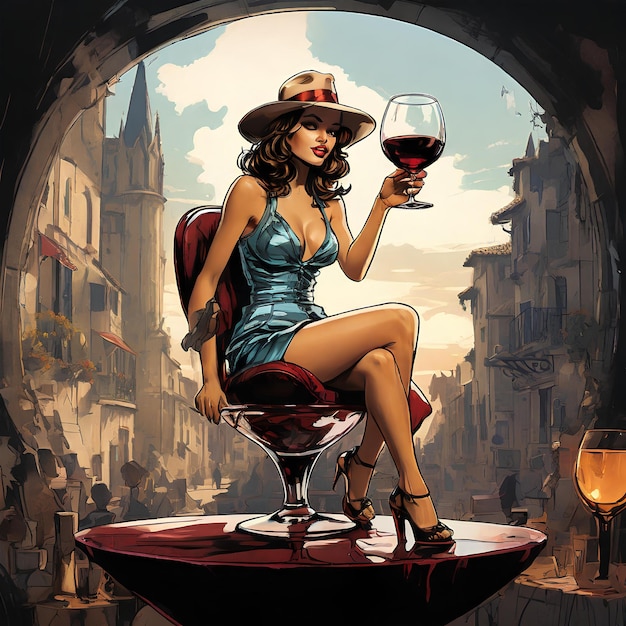 a girl artist seated on the brim of an oversized wine glass