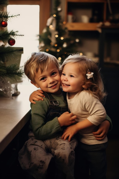 A girl baby and a boy embrace in the kitchen for a christmas photo shoot