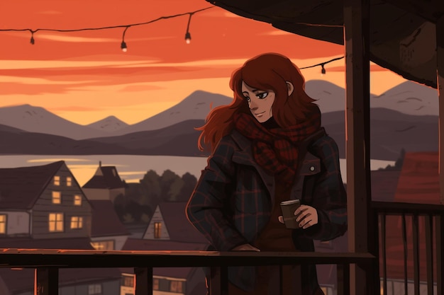 A girl on a balcony with a sunset in the background.