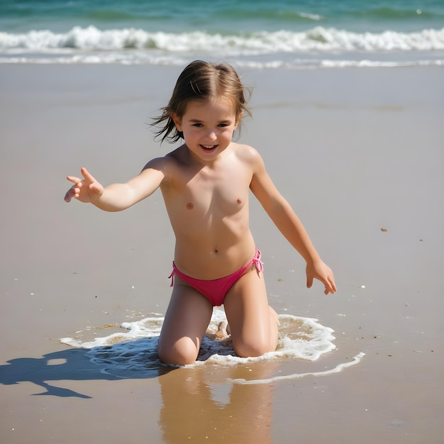 a girl in a bathing suit is playing in the sand on a beach