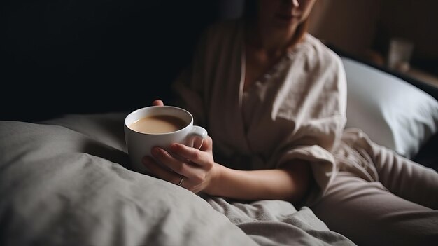 Girl in bed with cup of coffee Illustration AI GenerativexA