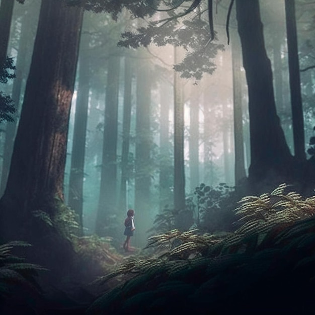 A girl in a big forest