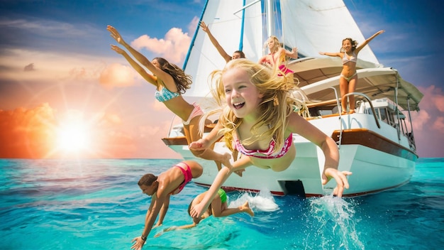 a girl in a bikini is on a boat with a girl on the sail