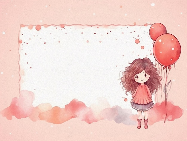 Girl birthday invitation greeting card with girl and balloons