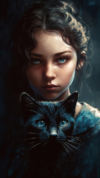 A girl and a black cat