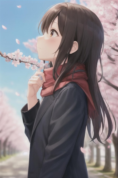 A girl in a black coat looks at the sky with pink flowers.