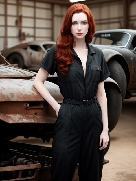 A girl in a black dress stands in front of a car that says'ford'on it