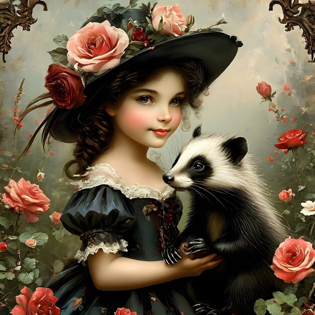 a girl in a black dress with a raccoon and a raccoon