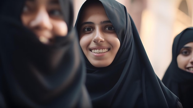 A girl in a black hijab smiles at the camera.