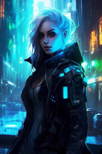 A girl in a black leather jacket with a neon light on her face.