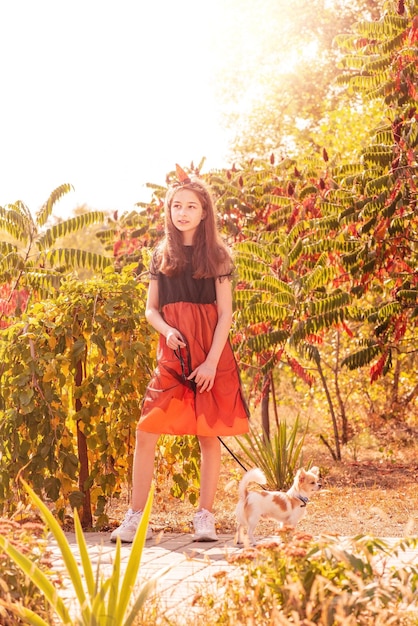 A girl in a black and orange Halloween costume and a witch's hat A teenager and a chihuahua