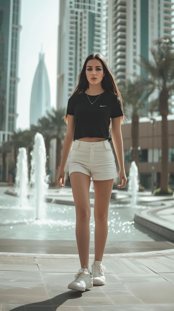 Photo a girl in a black shirt stands in front of a fountain