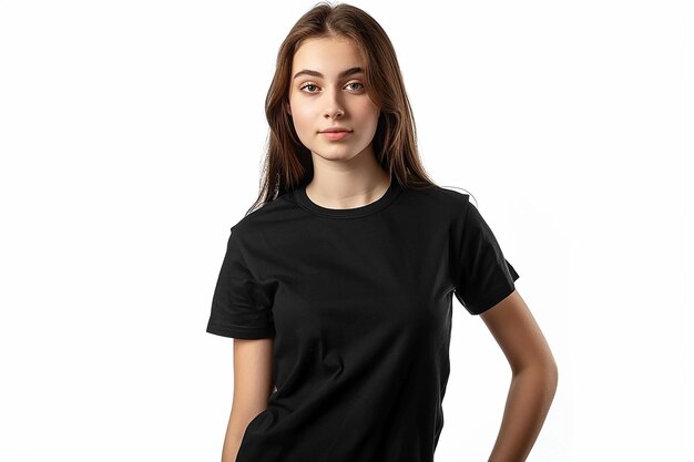 Photo a girl in a black shirt stands with her hands on her hips