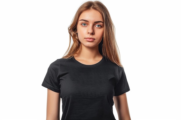 a girl in a black shirt with the word  on it