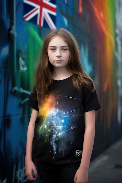 A girl in a black shirt with the word star on it