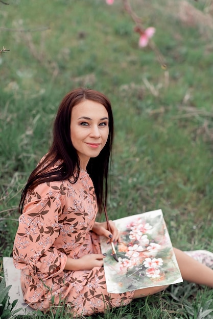 A girl in a blooming peach orchard is resting under a tree sitting and drawing