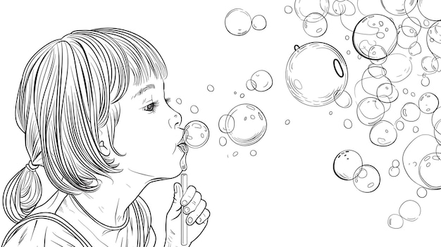 Photo a girl blowing bubbles with bubbles in the background