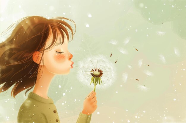 Photo a girl blowing dandelion seeds in the wind