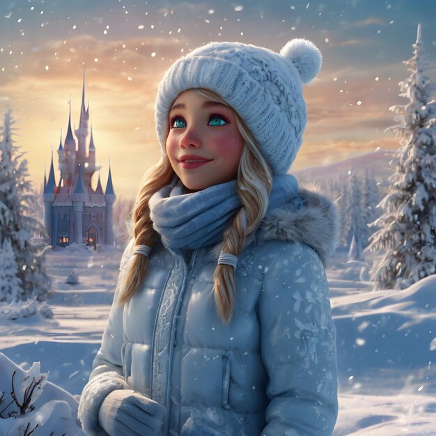 Photo a girl in a blue coat and hat is standing in the snow