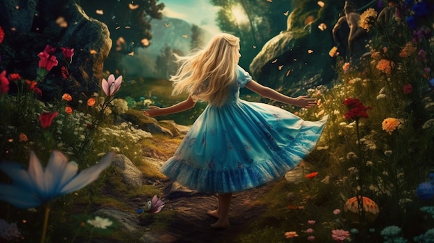 A girl in a blue dress dances in a forest with flowers and butterflies.