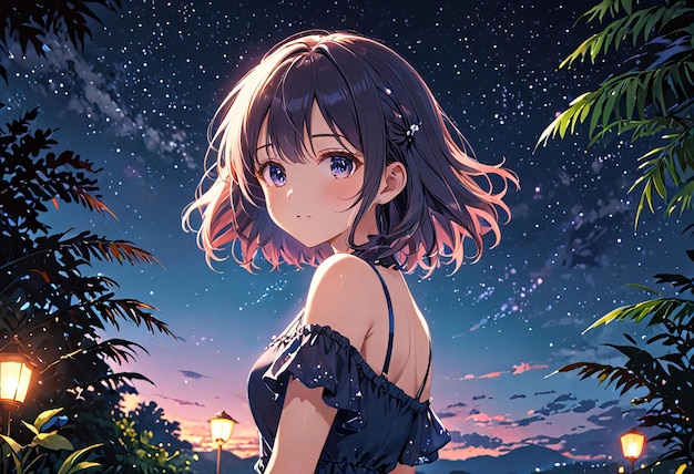 a girl in a blue dress is looking at the sky with the stars in the background