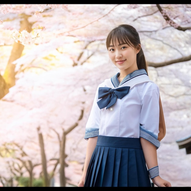 a girl in a blue dress is posing in front of a cherry blossom tree