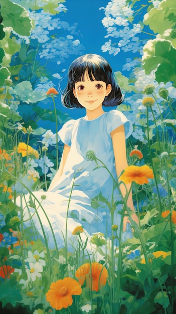 a girl in a blue dress is sitting in a field of flowers