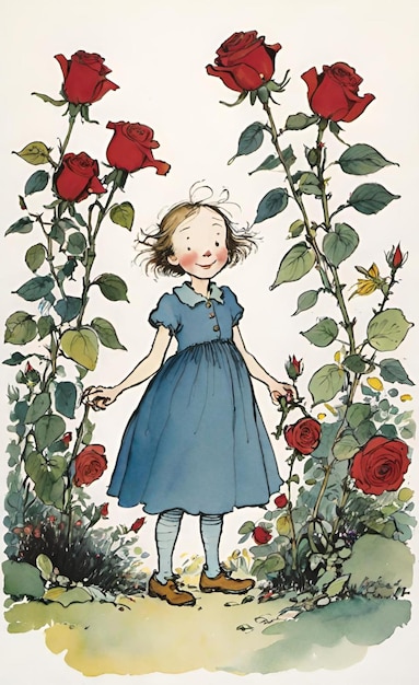 a girl in a blue dress is standing in front of roses