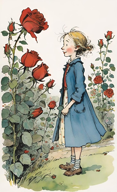 a girl in a blue dress is standing in a garden with roses