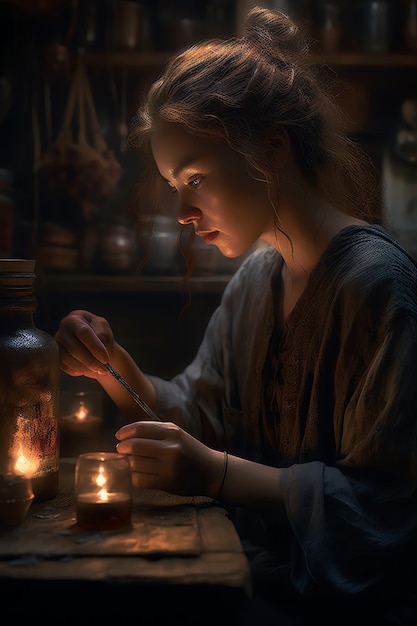 A girl in a blue dress sits at a table with a candle in her hand