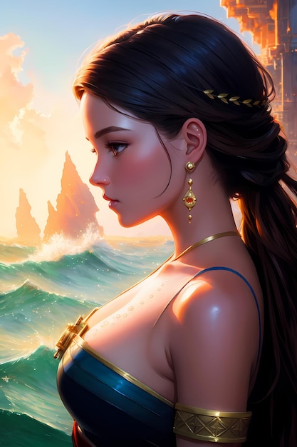 A girl in a blue dress stands in front of a sea with the sun setting behind her.