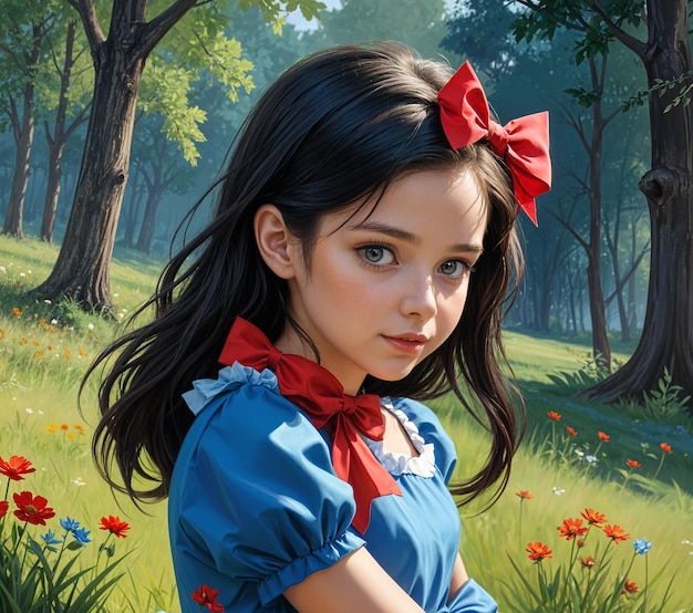 A girl in a blue dress with a red bow on her hair