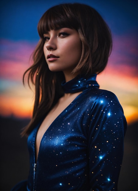 a girl in a blue dress with the stars on her back