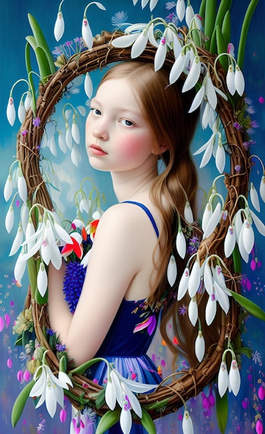 A girl in a blue dress with a wreath of snowdrops