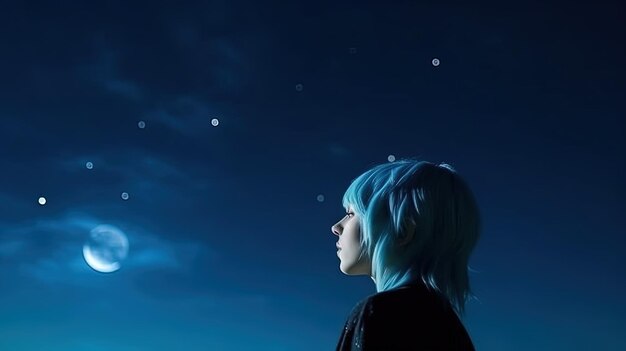 girl blue hair at night with moon