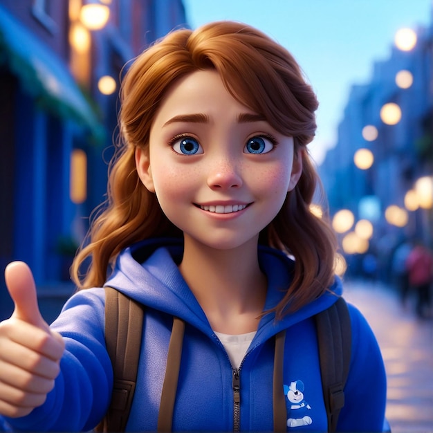 Girl In Blue Hoodie Smiling Thumbs Up Evening City Generated by AI