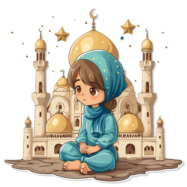 a girl in blue is sitting in front of a mosque