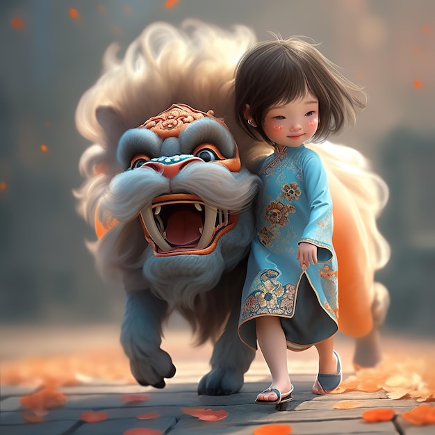 A girl in a blue kimono and a lion