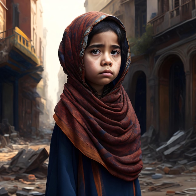 A girl in a blue and red scarf stands in a destroyed building.