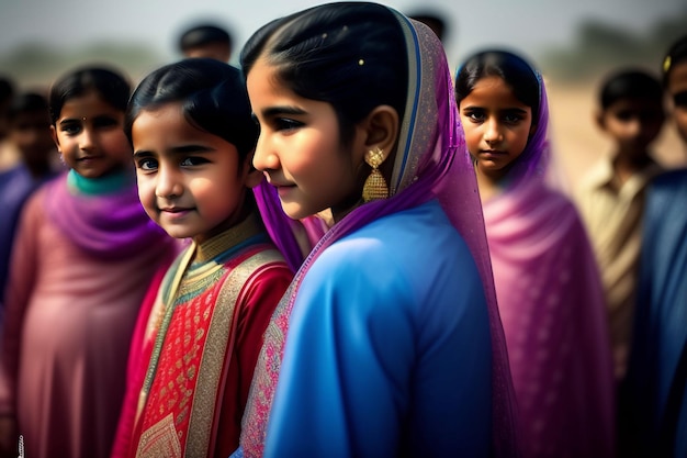 A girl in a blue sari stands in a line with other girls in pink and blue saris.