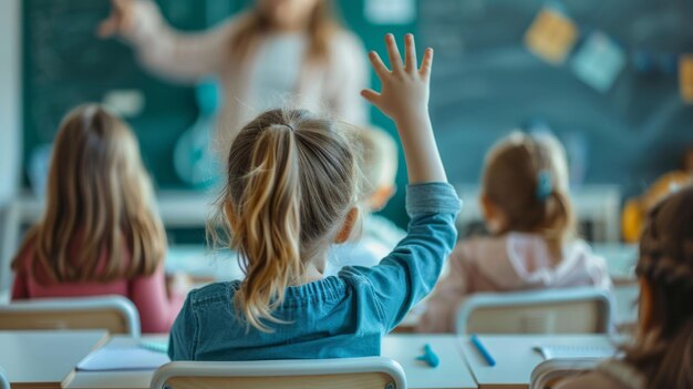 Photo a girl in a blue shirt raises her hand in a classroom