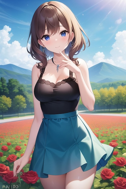 A girl in a blue skirt and a black top stands in a field of flowers.