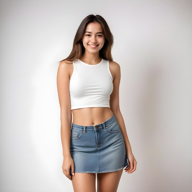 a girl in a blue skirt stands in front of a white background