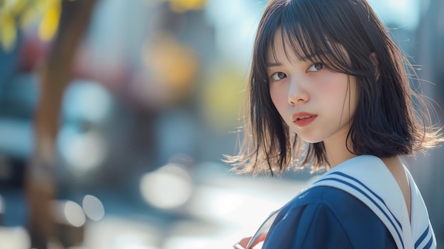 a girl in a blue uniform stands in front of a street with a blurry background