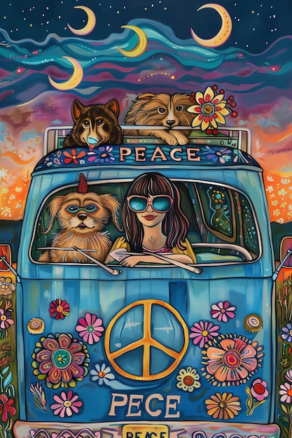 Photo a girl in a blue van with peace sign and peace sign