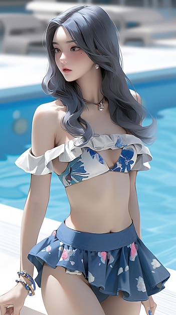 A girl in a blue and white swimsuit with a flowered skirt and a flowered skirt.